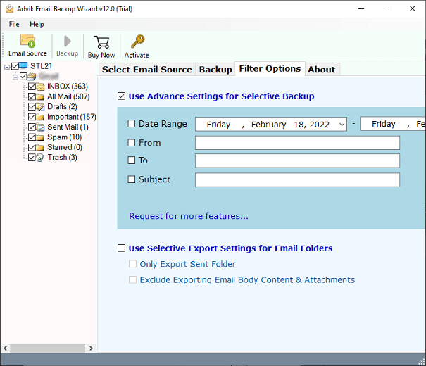 apply filters for selective email backup