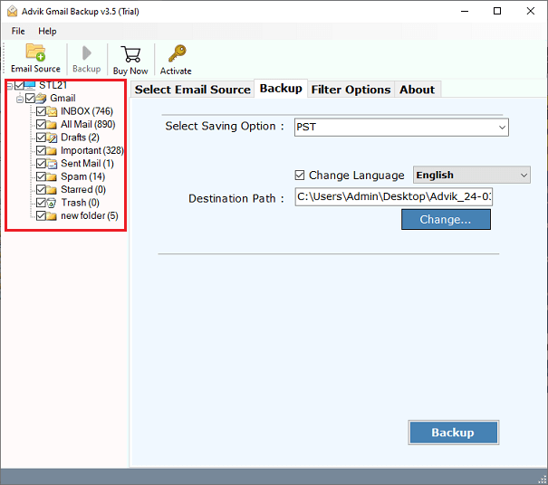 select folder to download emails with attachments from