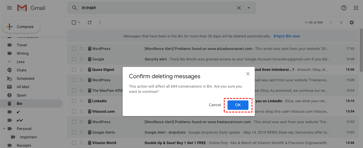 gmail showing storage full