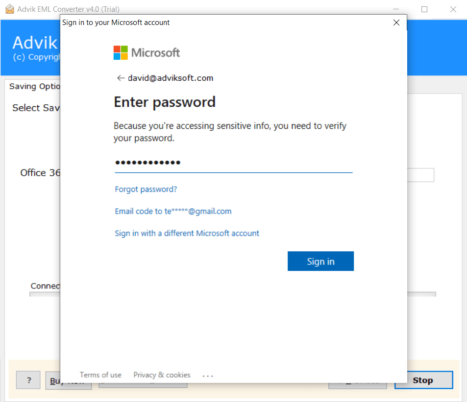 enter password of office 365