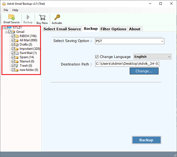 choose selected emails from Gmail mailbox folders