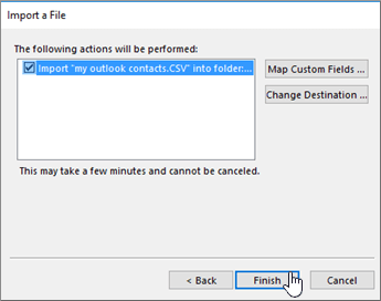 click Finish to export Windows live mail contacts to Outlook