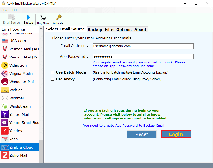 enter your Zimbra email account details and login