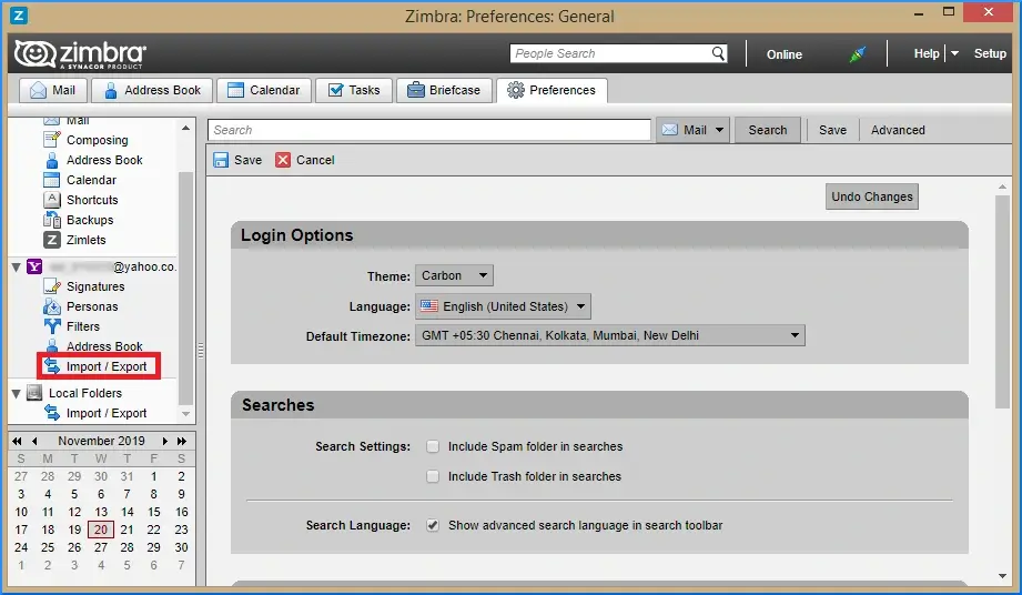 Select Import/Export to backup zimbra emails