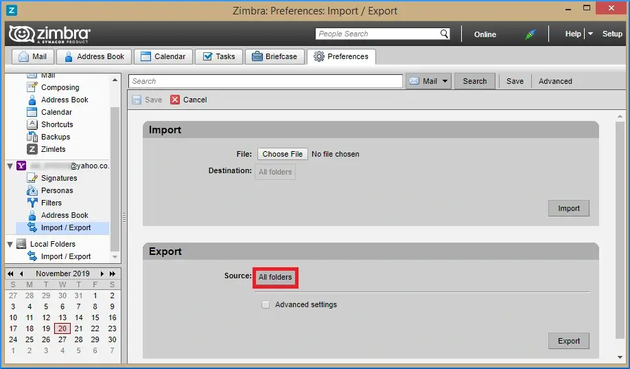 Select all folders to download zimbra emails