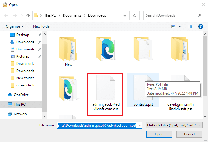 Outlook 2019, 2016에서 OST 파일 열기