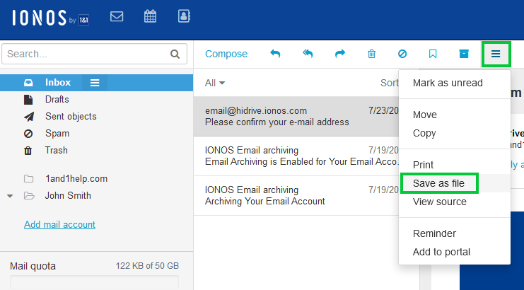 export 1&1 emails to computer
