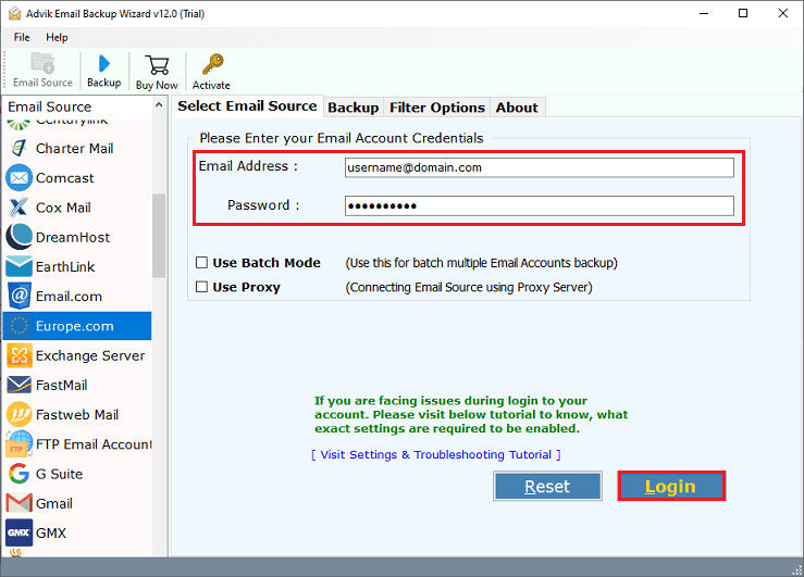 Enter Backup Europe.com Login details