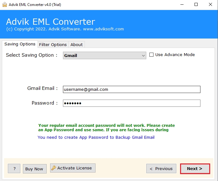 click next to export kerio emails to gmail