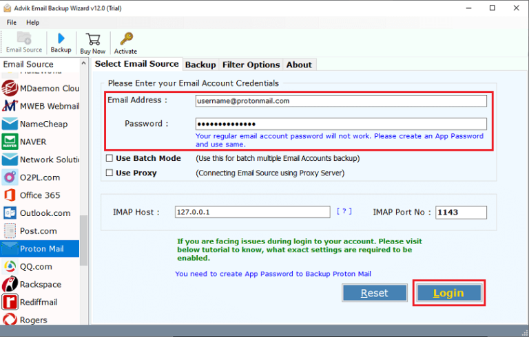 enter your ProtonMail account details