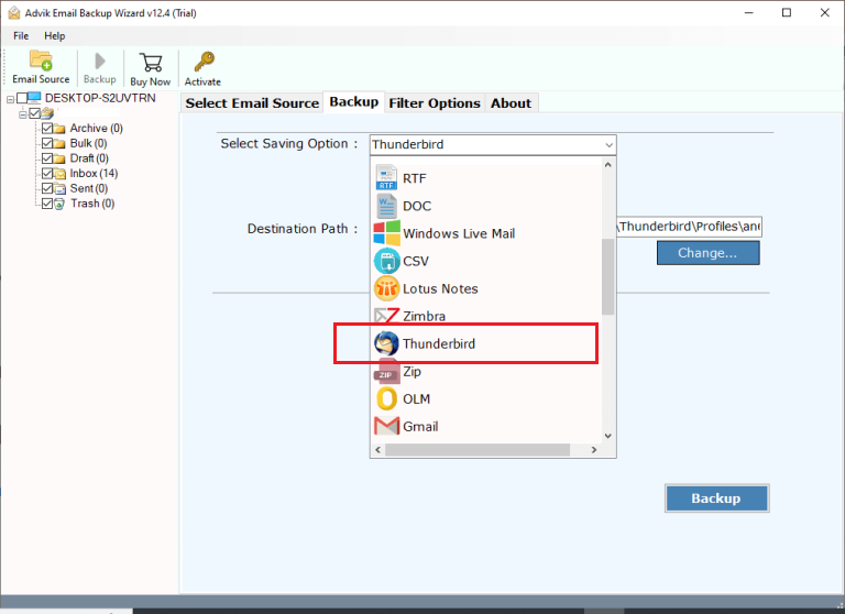 Select Thunderbird from the saving options list
