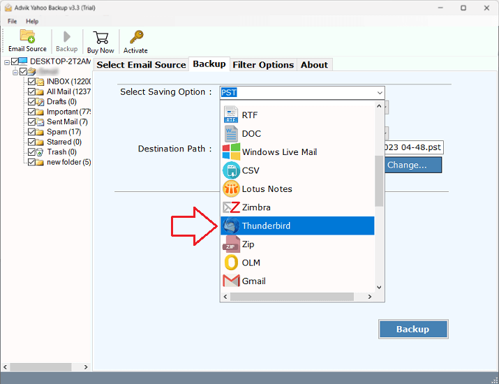 Select Thunderbird as a saving option