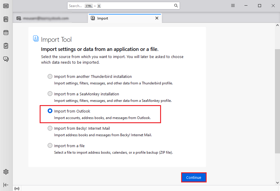choose Import from Outlook to migrate into thunderbird