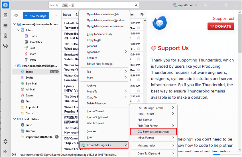 choose thunderbird folders to export into excel csv spreadsheet