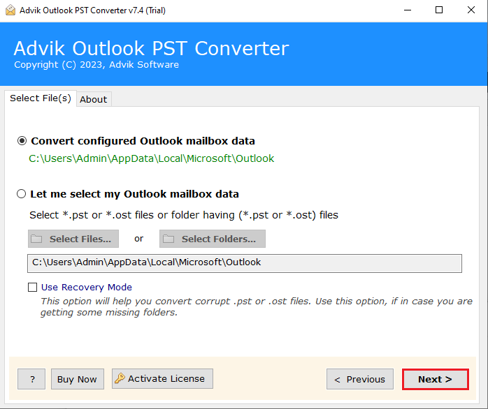 Select the Convert Configured Outlook mailbox data option