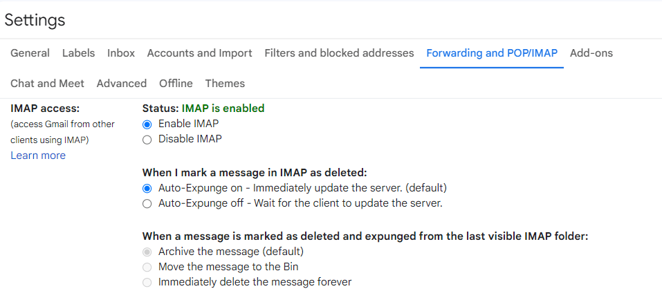 enable IMAP Settings