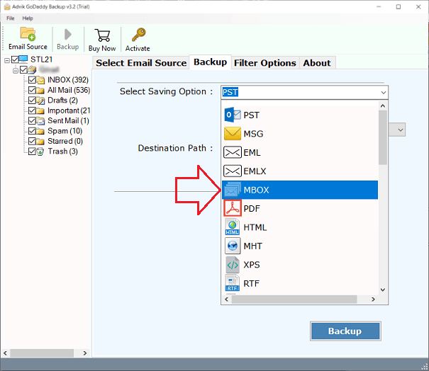 Choose "MBOX" as a saving option