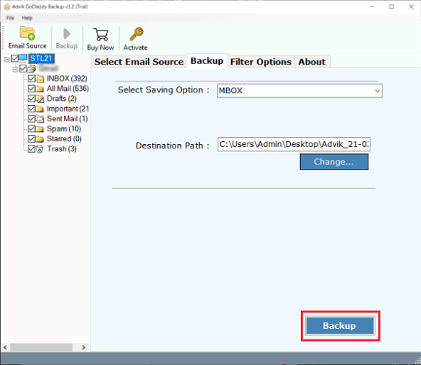 click backup to export godaddy emails to mbox