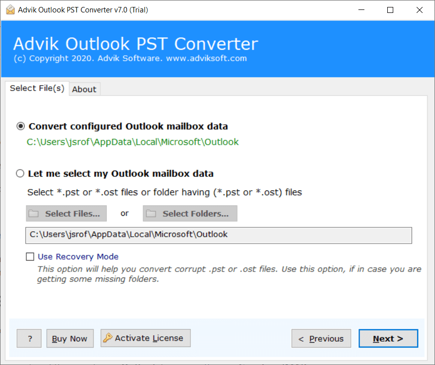 run software & click on Configure Outlook mailbox data