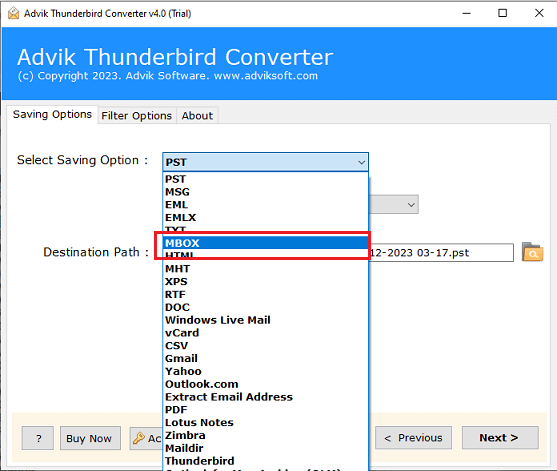 select mbox as saving option