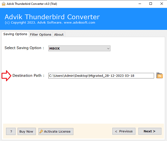 choose destination to save exported mbox file