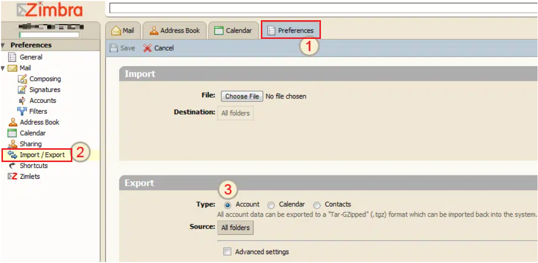 save mail from zimbra