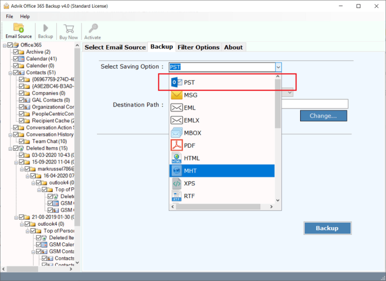 Select PST as a saving option