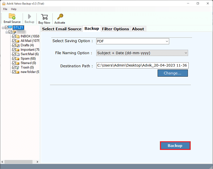 click backup to save multiple yahoo emails as pdf