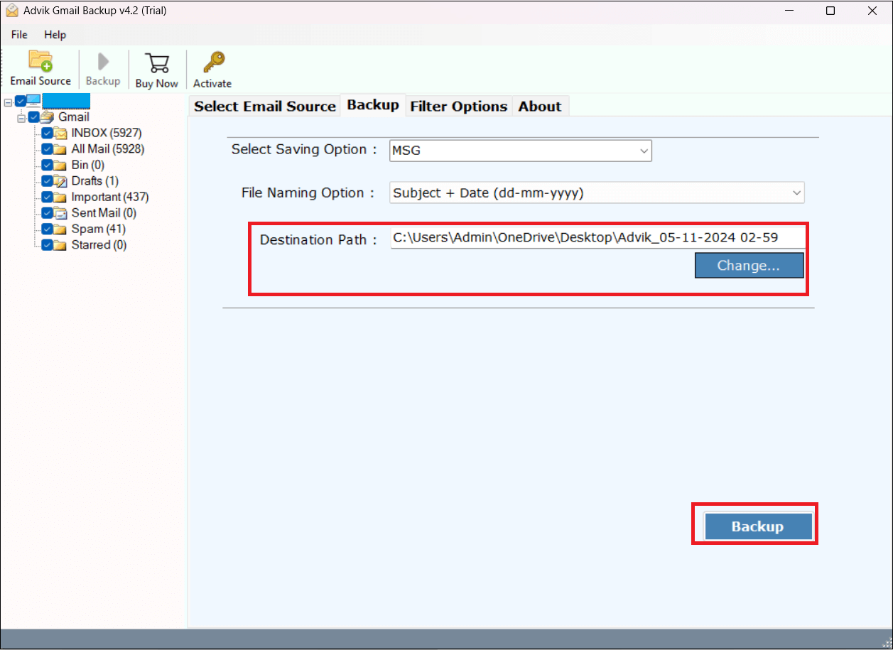 click backup to export gmail to msg