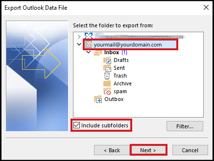 select an iCloud mailbox folder to export into pst