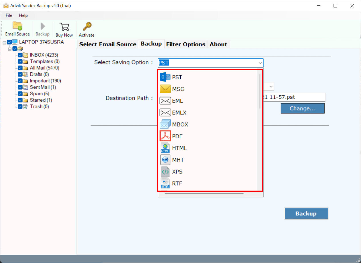 create pst file from yandex