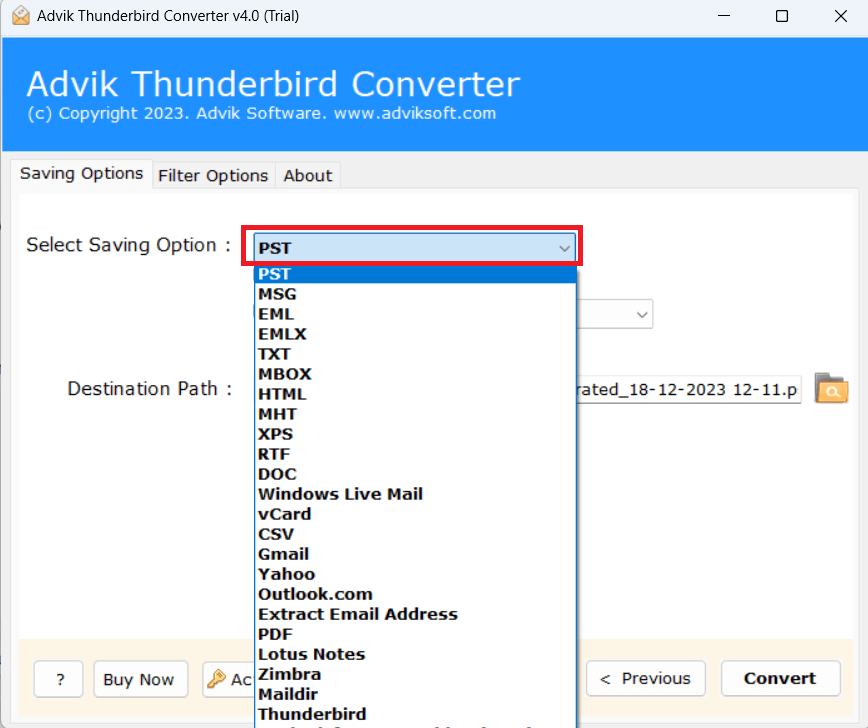exportar correos electrónicos de Thunderbird a pst