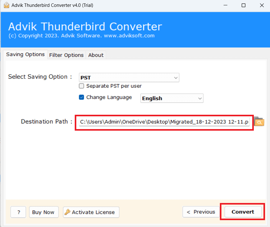 click convert to export thunderbird to PST