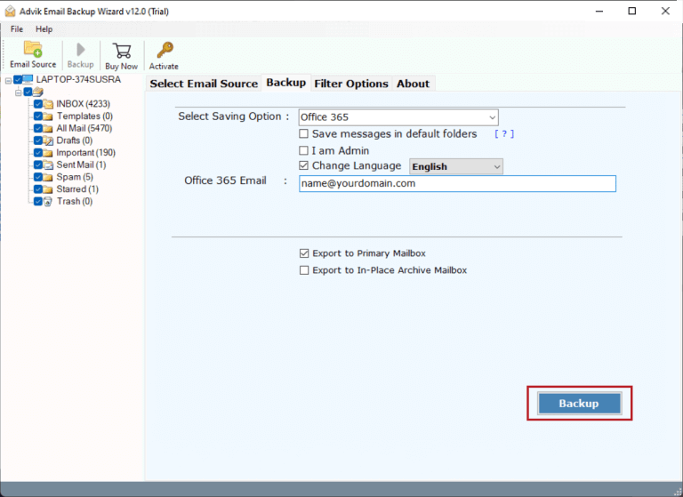 click backup to migrate hostgator email to office 365