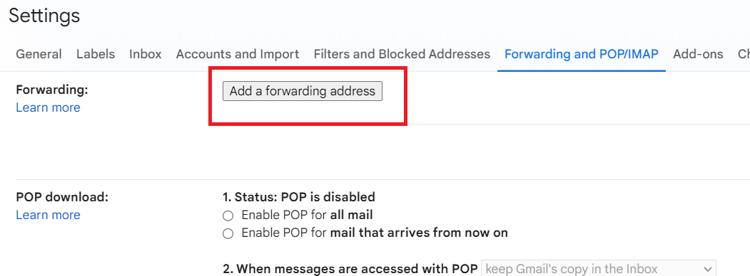 Click the add a forwarding address to transfer gmail to icloud