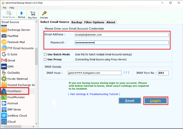 enter hostgator email account credentials