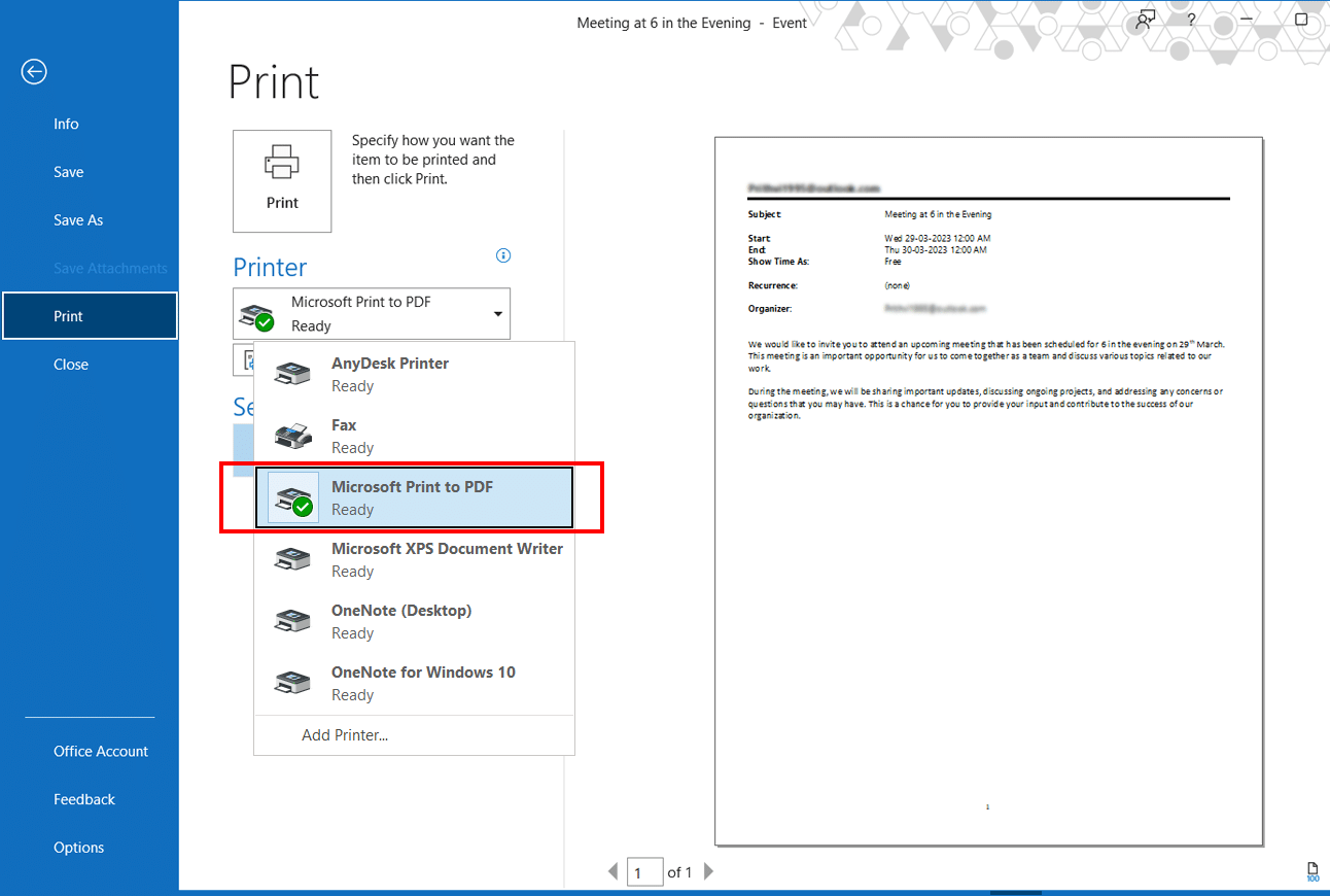 Print Outlook Calendar to PDF