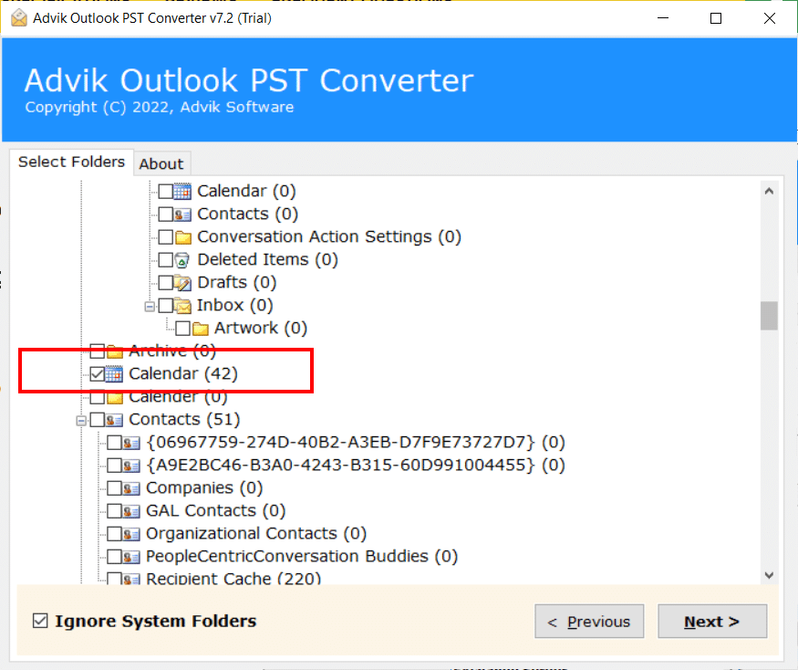 Select the Outlook calendar data