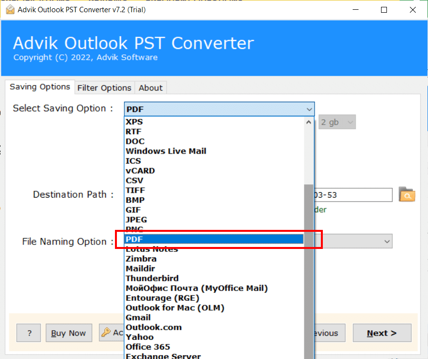 Choose "PDF" as the output format