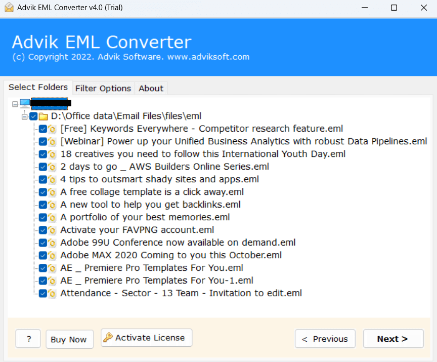 Select the required EML files