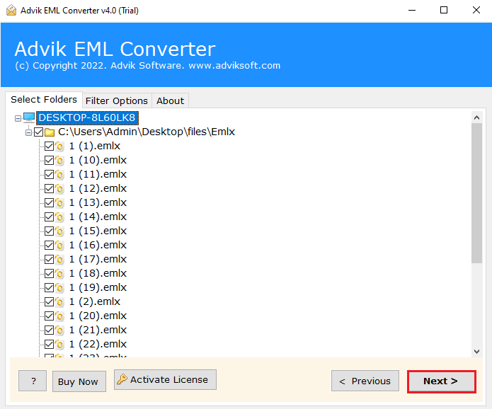 Select the required files to convert EMLX to EML