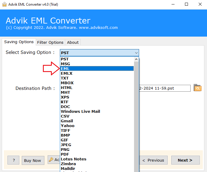 Choose EML as a saving option