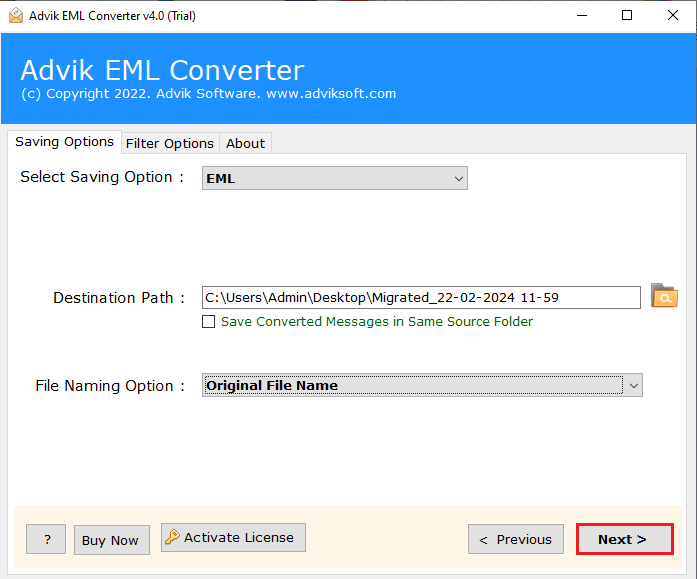 click the Next button to convert emlx to eml files