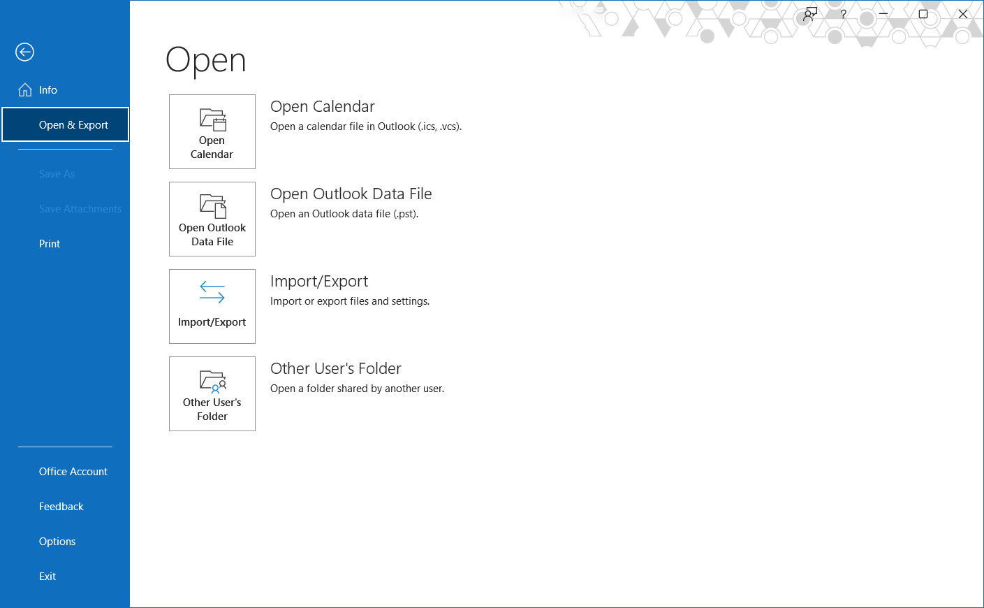 import export option in Outlook 