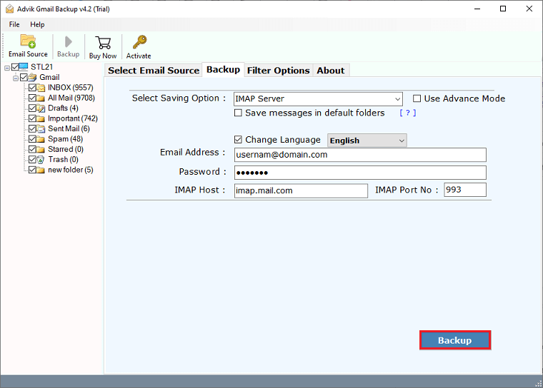 click backup to import gmail to roundcube