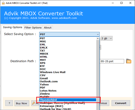 choose thunderbird as saving option