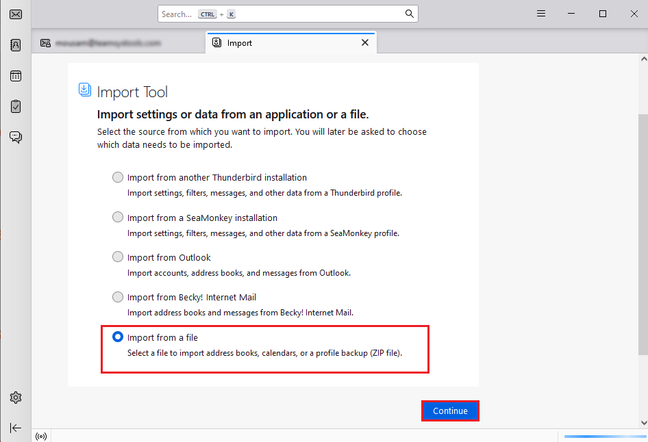 select Import from a file and click Continue