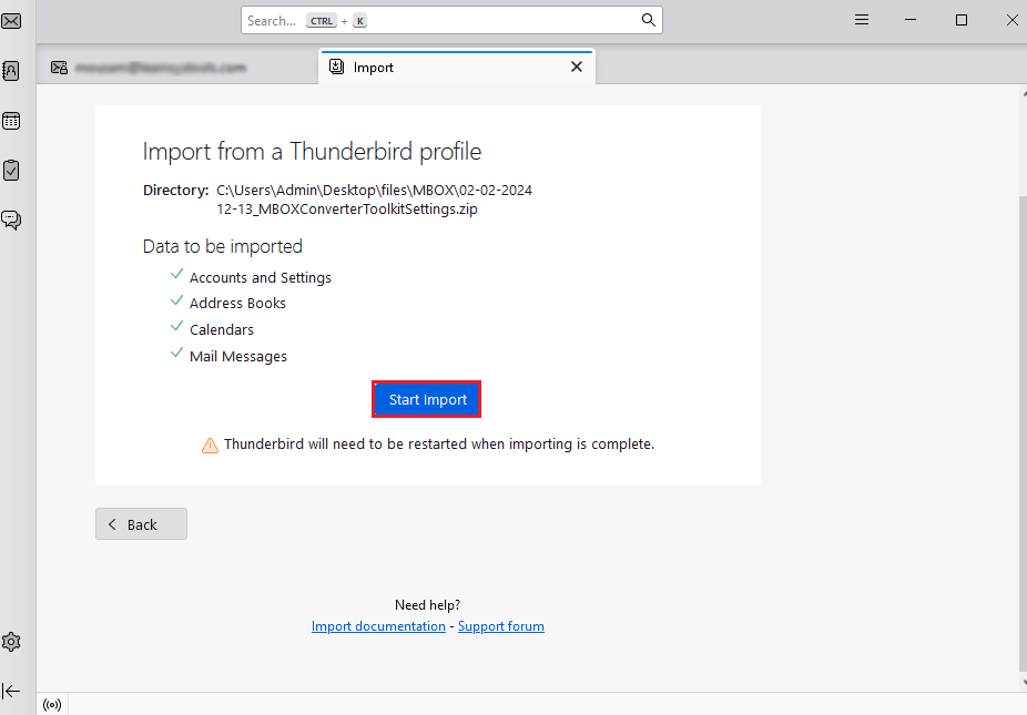 click Start Import to transfer MBOX file into thunderbird