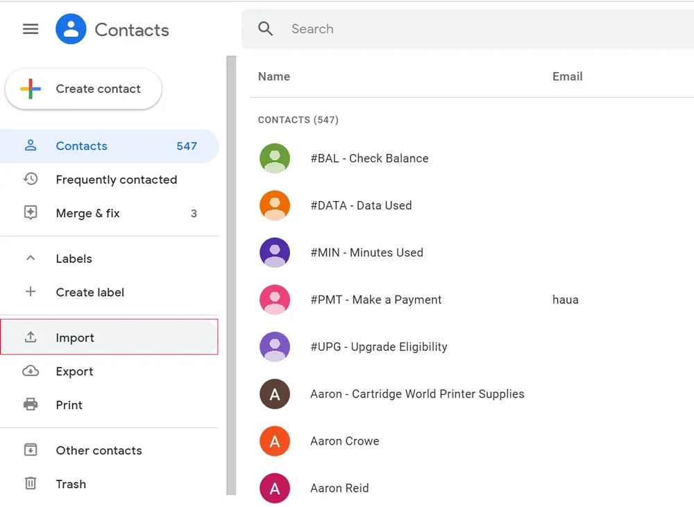 choose import to upload the exported .csv