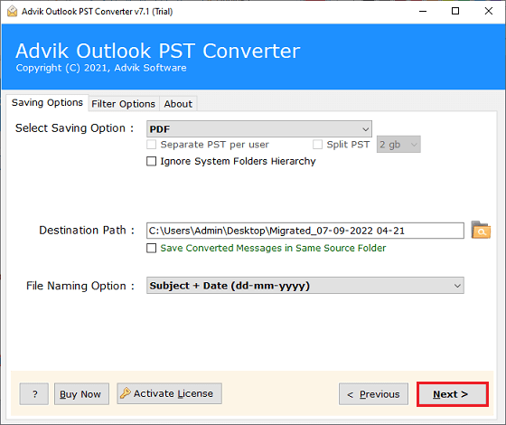 click next to save outlook emails